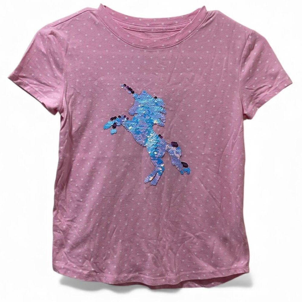 Wonder Nation Girls' Pink Polka Dot Unicorn Sequin Kids T-Shirt Size M (7-8)